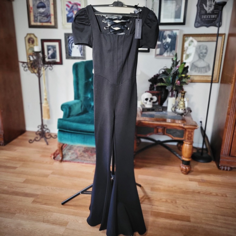DOLLS KILL WIDOW Thy Lady Puff Sleeve Ponte‎ Black Jumpsuit❗️NEW With Tags❗️
